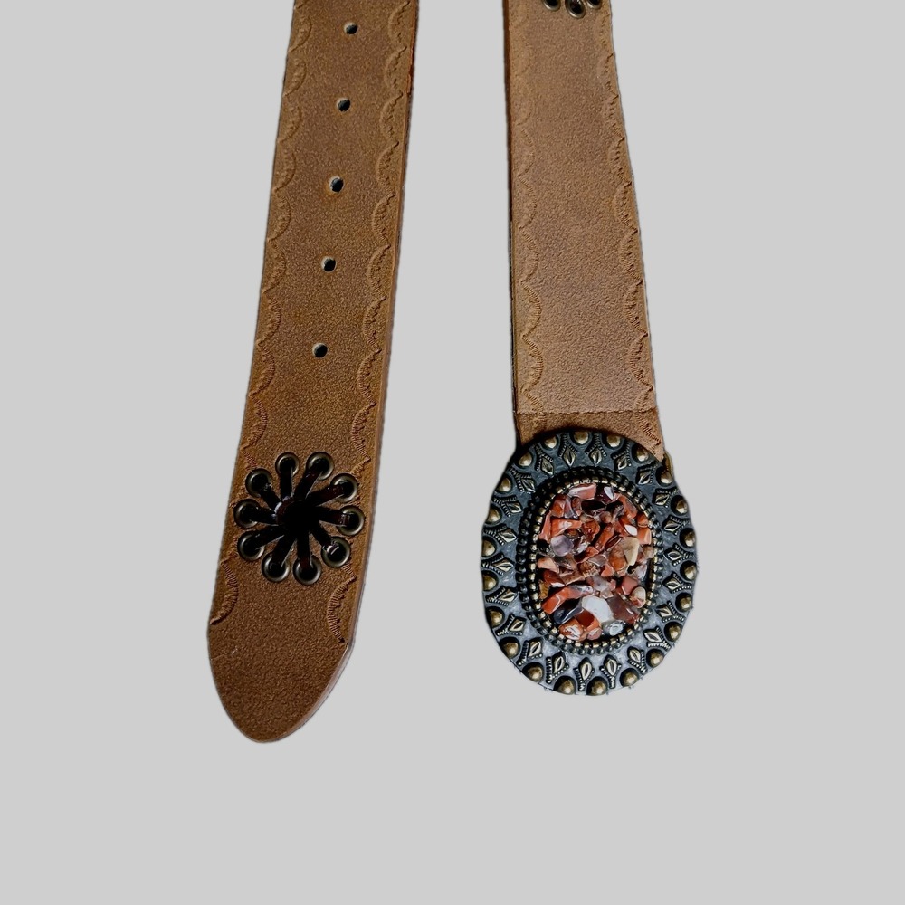 Vintage Goldtone Belt Buckle With‎ Mosaic Stone Inlay Brown Belt M/L 32-34 #1538 - Picture 2 of 11
